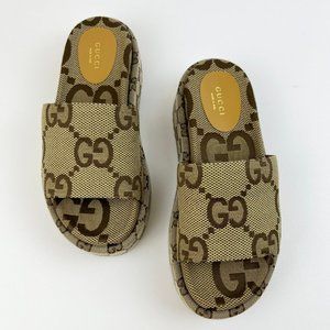 New Gucci Angelina Canvas 55mm platform slides sandals tan neutral